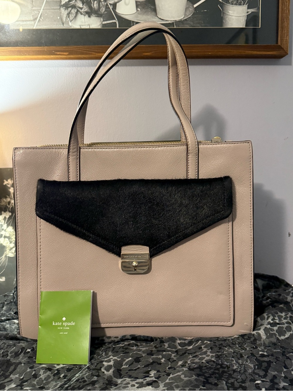 kate spade Nude and Black Leather Satchel with Front Envelope Flap